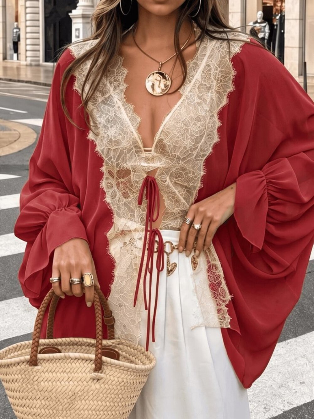 Red Elegant Women's Asymmetric Sheer Lace Patchwork Casual Blouse